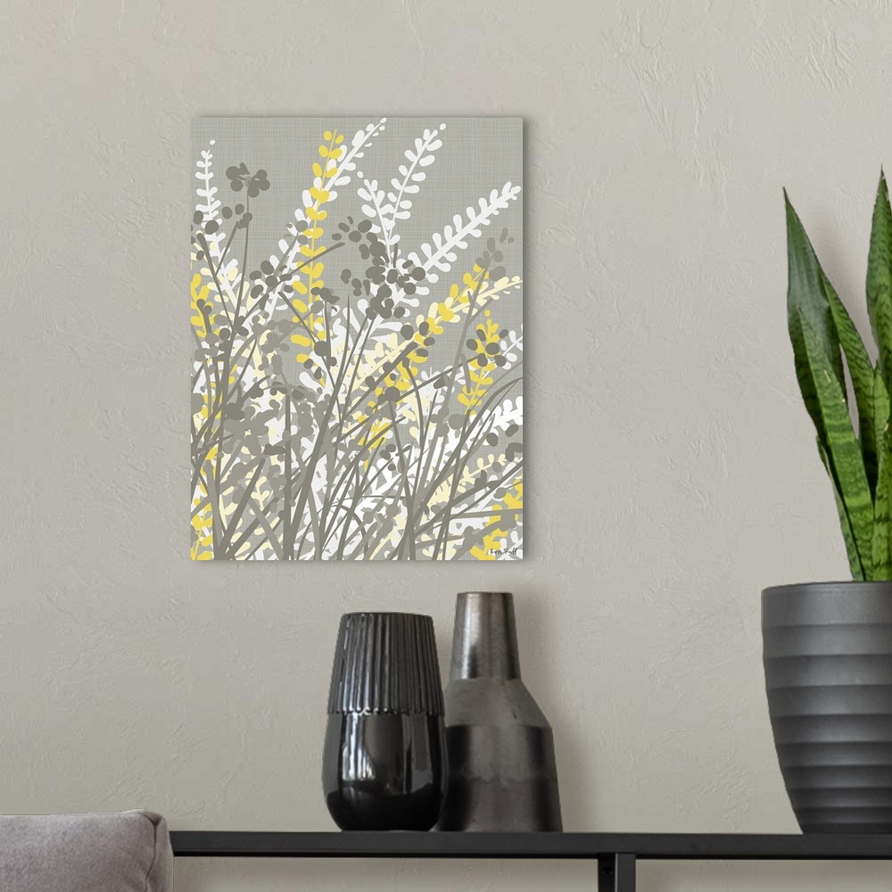 A modern room featuring Graphic illustration of white, gray, and yellow silhouetted plants and flowers leaning towards th...