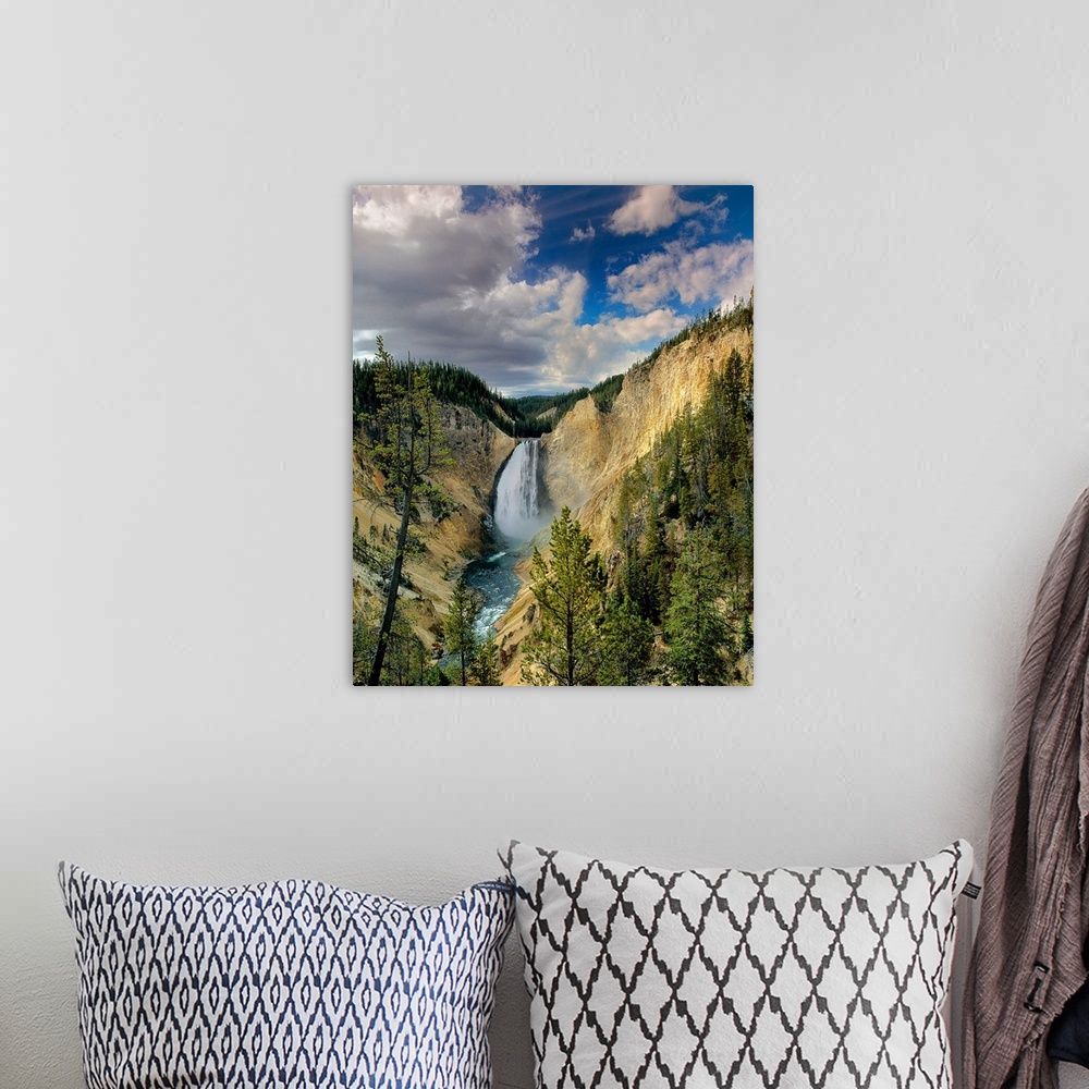 A bohemian room featuring View from below of Yellowstone Falls in Yellowstone National Park, Wyoming.