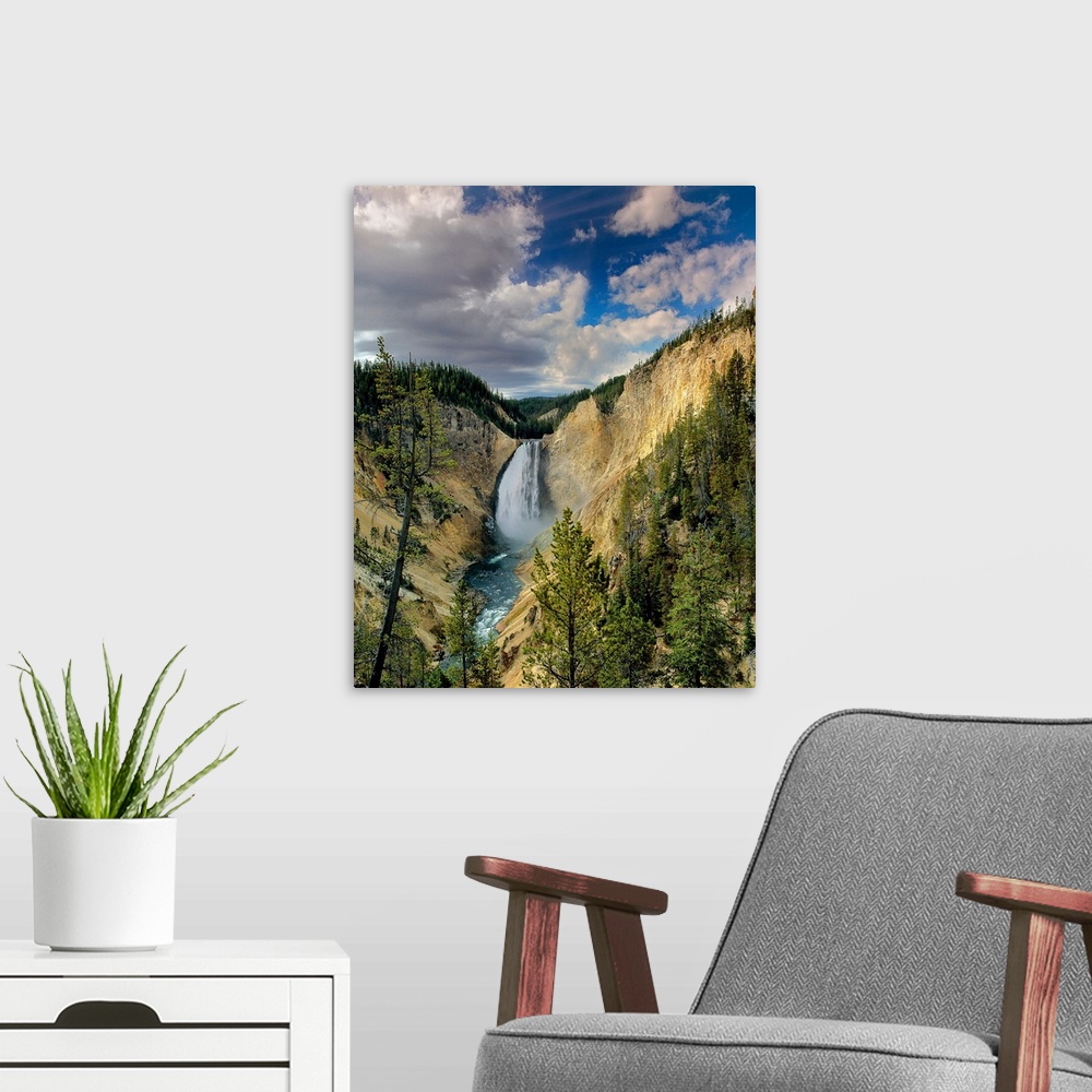 A modern room featuring View from below of Yellowstone Falls in Yellowstone National Park, Wyoming.