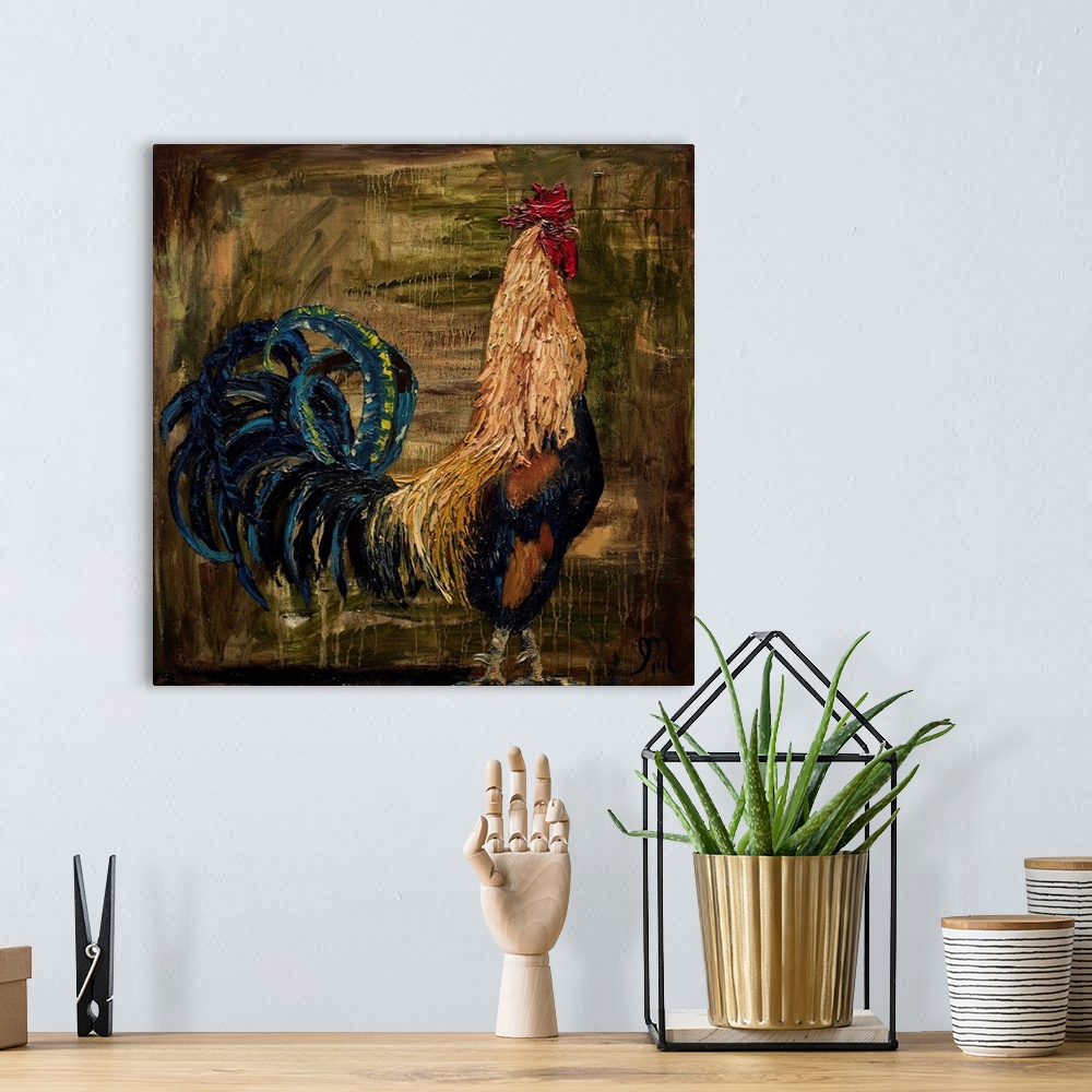 A bohemian room featuring Square painting of a rooster with thick layered paint on a dark background with dripping paint.