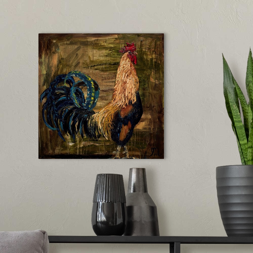 A modern room featuring Square painting of a rooster with thick layered paint on a dark background with dripping paint.