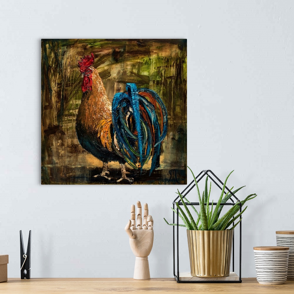 A bohemian room featuring Square painting of a rooster with thick layered paint on a dark background with dripping paint.