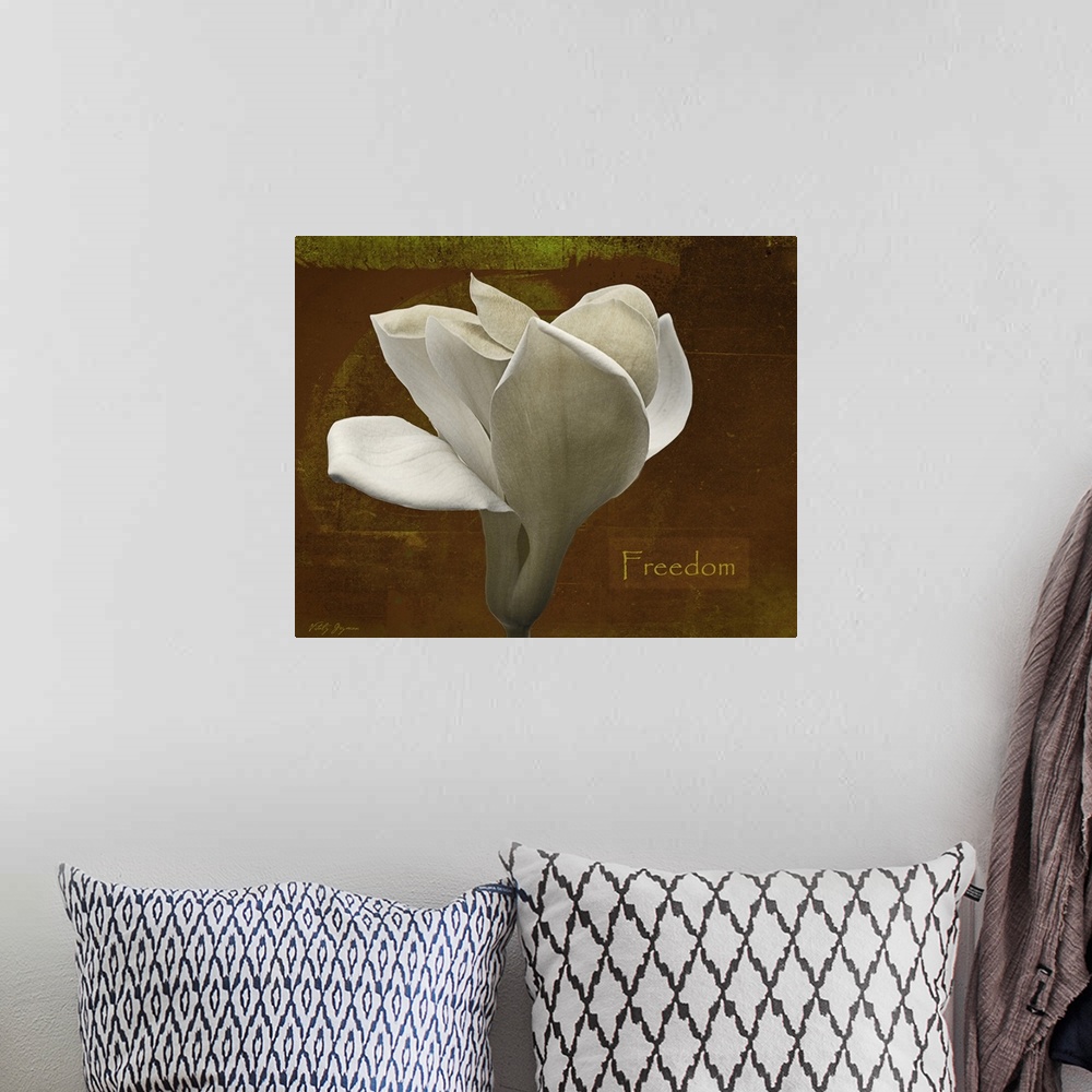 A bohemian room featuring Docor perfect for the home of a large white tulip against a distressed brown background with the ...