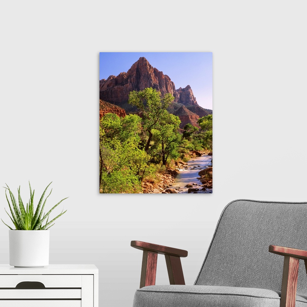 A modern room featuring Bright green trees near the red mountains of Zion National Park.