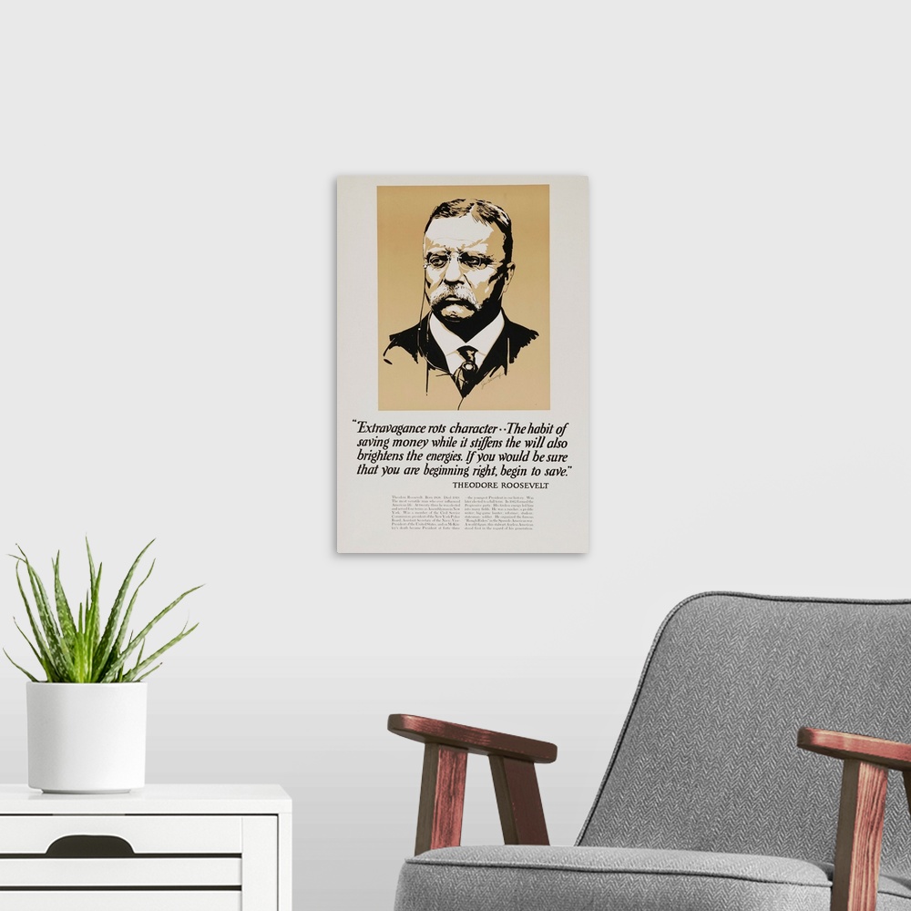 A modern room featuring Printed by National Service Bureau Portrait of Rossevelt with quote, Extravagence rots character....