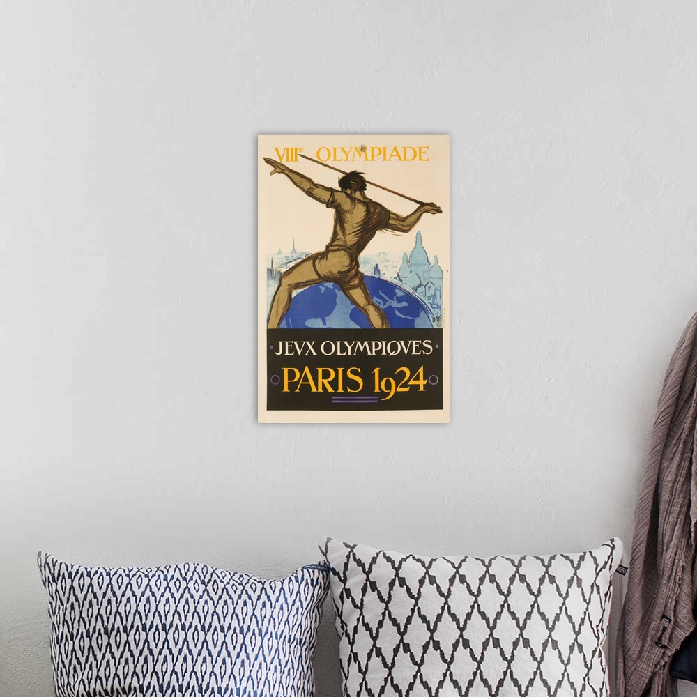 A bohemian room featuring Paris Summer Olympics Poster showing Javelin throwing athlete. Illustrated by Orsi.