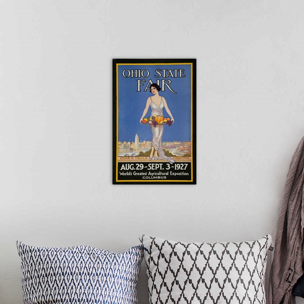 A bohemian room featuring 1927 Ohio State Fair Advertising Poster, World's Greatest Agricultural Exposition, showing an ele...