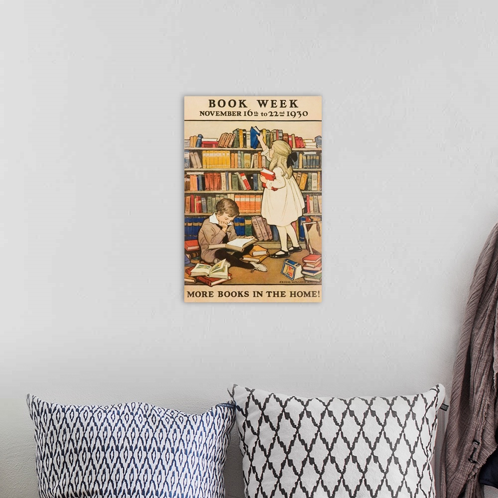 A bohemian room featuring More Books in the Home, illustrated by Jessie Willcox Smith, 1930 Children's Book Week poster sho...