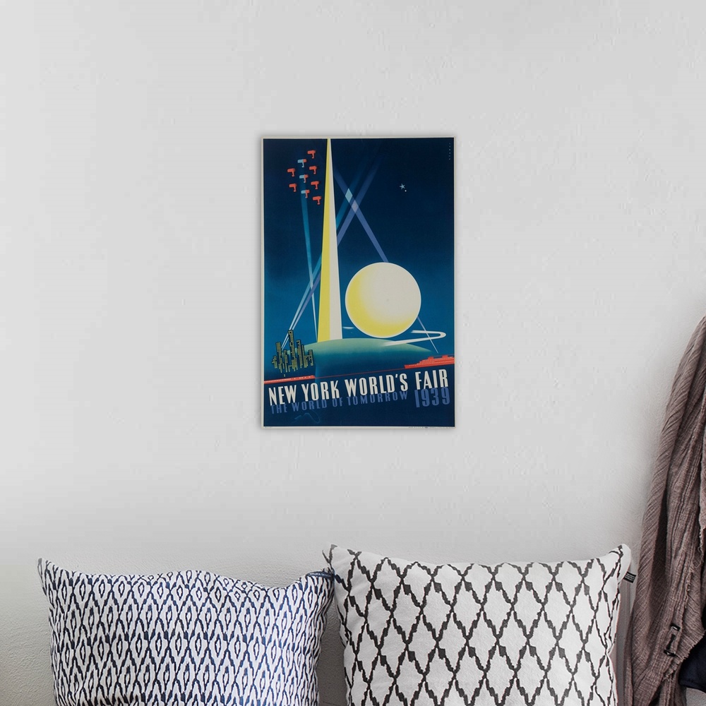 A bohemian room featuring 1939 New York World's Fair poster showing spotlit Trylon and Perisphere with air show and city sk...