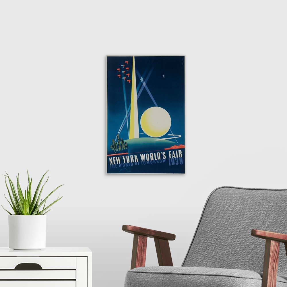 A modern room featuring 1939 New York World's Fair poster showing spotlit Trylon and Perisphere with air show and city sk...