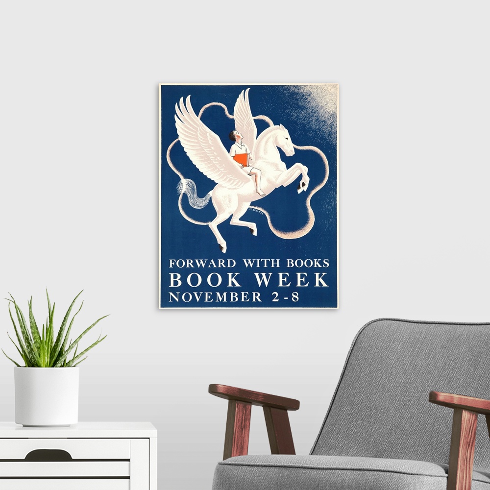 A modern room featuring 1941 Children's Book Week poster illustrated by H. Sewell, showing a young boy proudly holding a ...