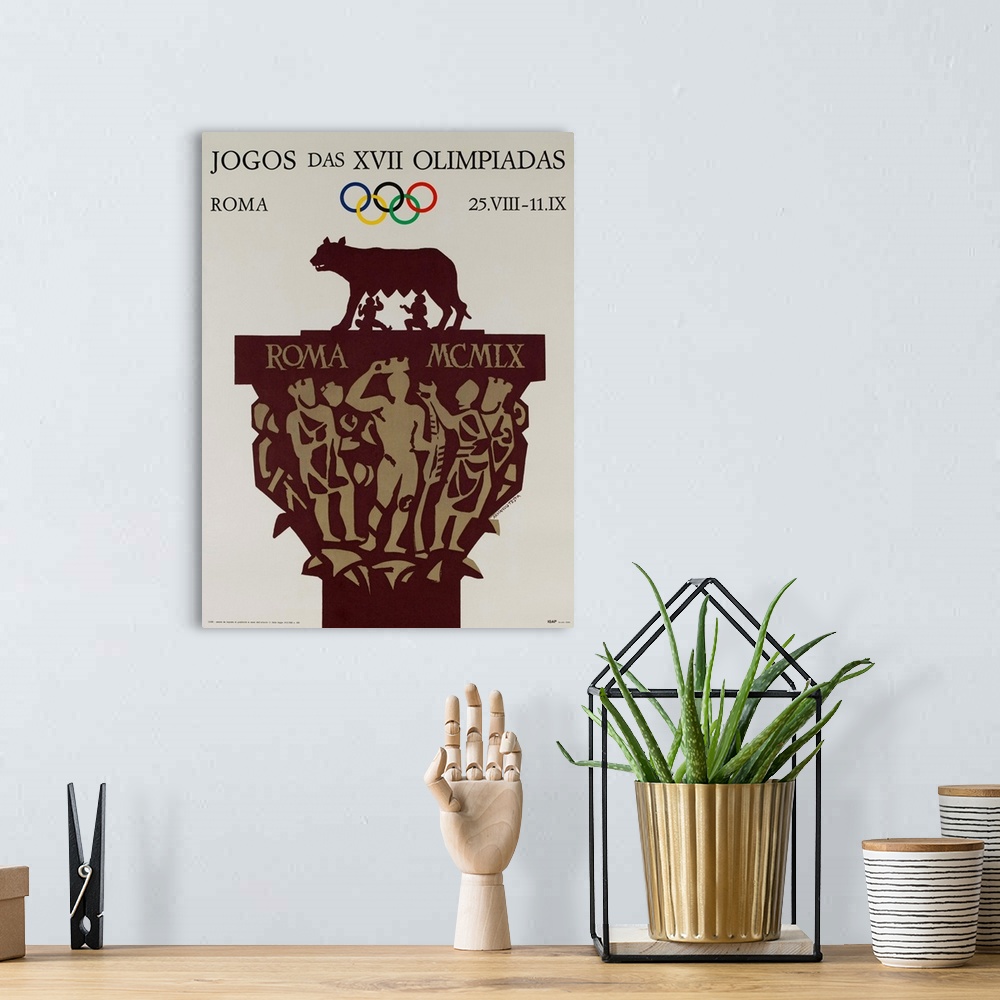 A bohemian room featuring 1960 Rome Summer Olympics poster illustrated by Armando Testa, shoing the Capitoline Wolf sucklin...