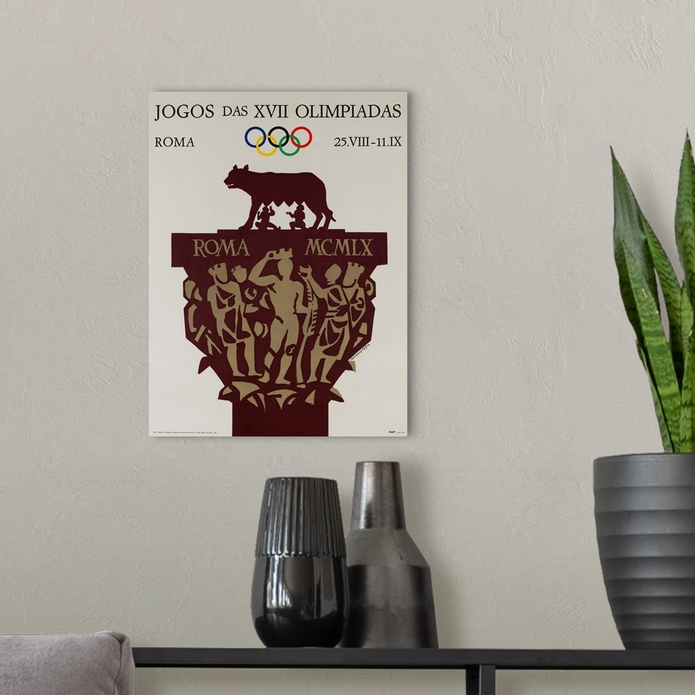 A modern room featuring 1960 Rome Summer Olympics poster illustrated by Armando Testa, shoing the Capitoline Wolf sucklin...