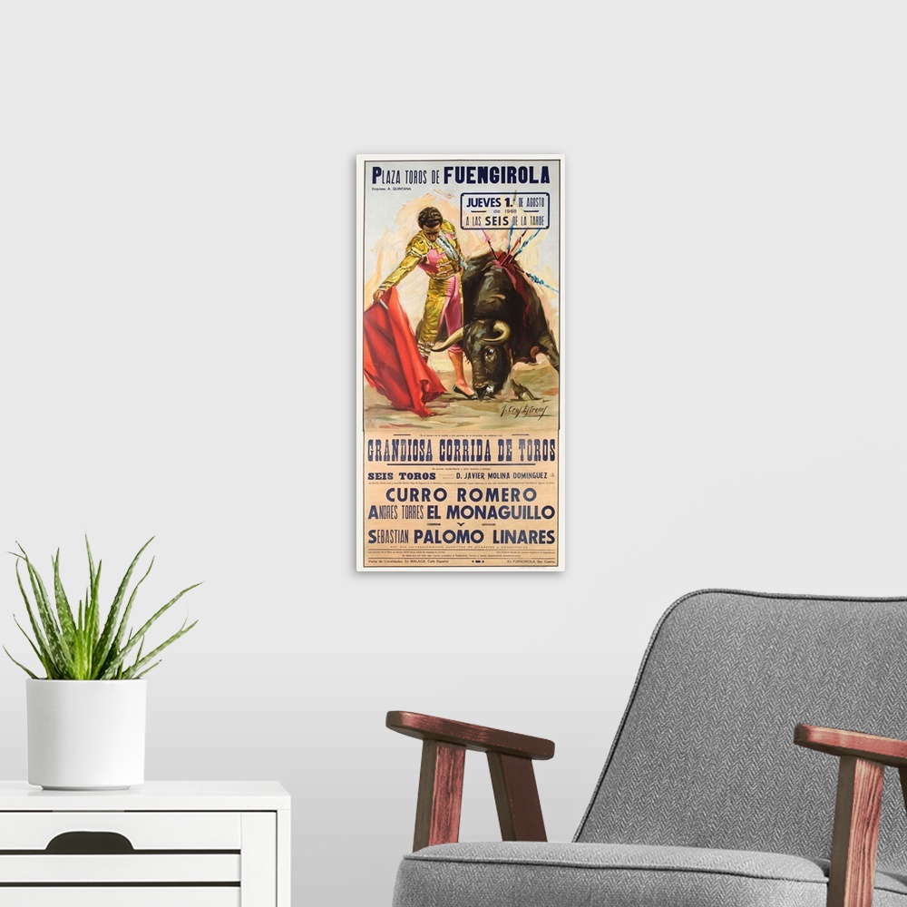 A modern room featuring Spanish Bullfight poster showing matador with red cape. Six bulls, featured fighters include Curr...