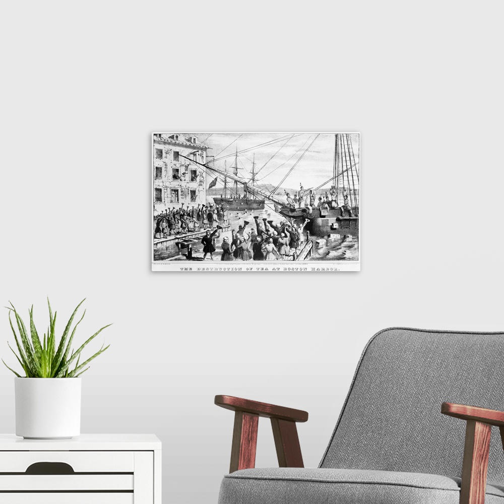 A modern room featuring This is a reproduction of a Currier and Ives lithograph dramatizing the Boston Tea Party.
