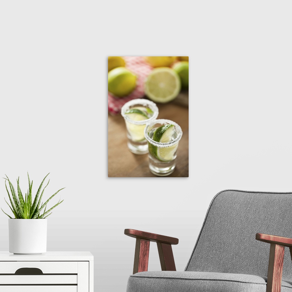 A modern room featuring 2 Shot-glasses filled with silver tequila, decorated with limes and sea-salt. limes and citrons i...