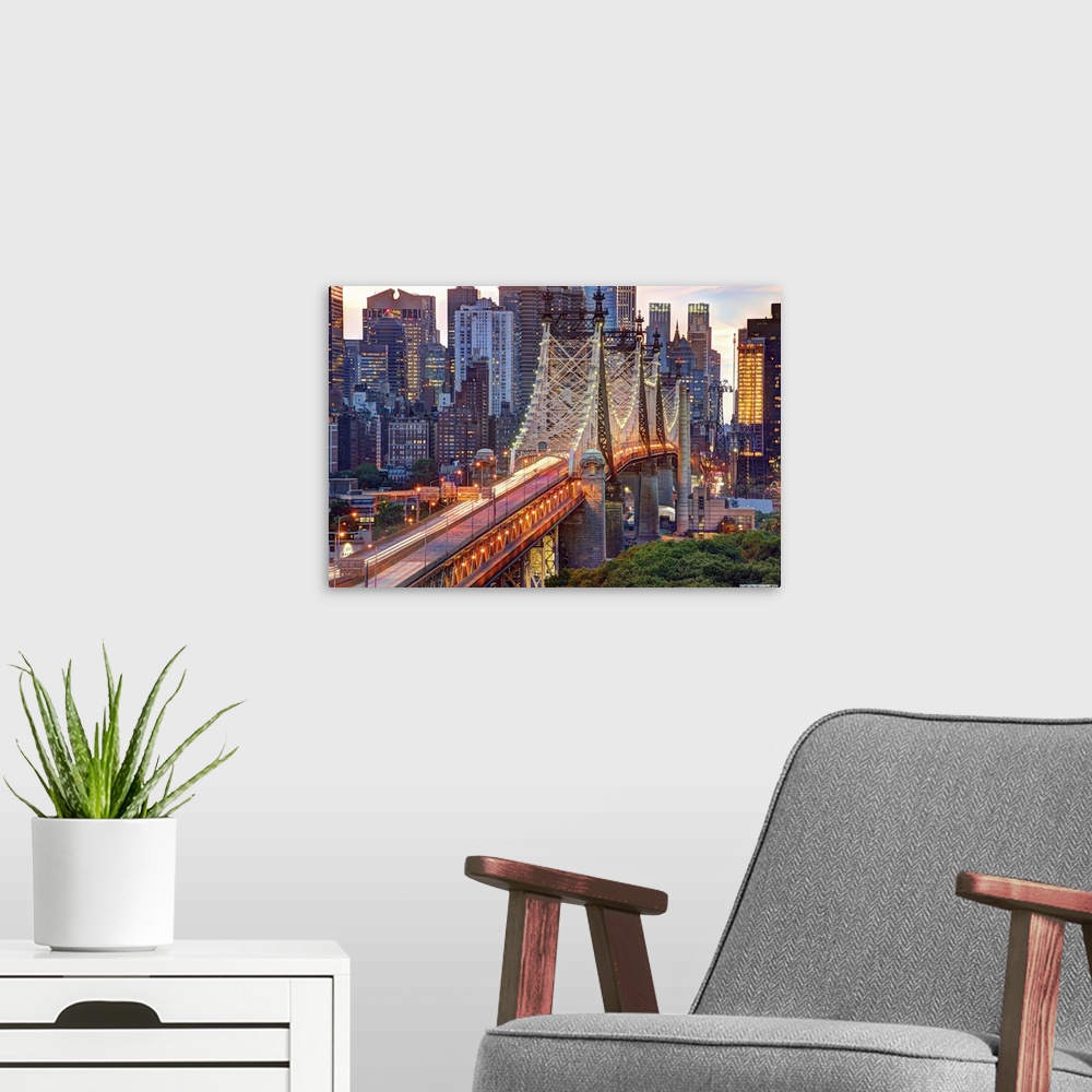 A modern room featuring Traffic flowing on the upper deck of Ed Koch/ Queensboro Bridge, Formerly known as the 59th Stree...
