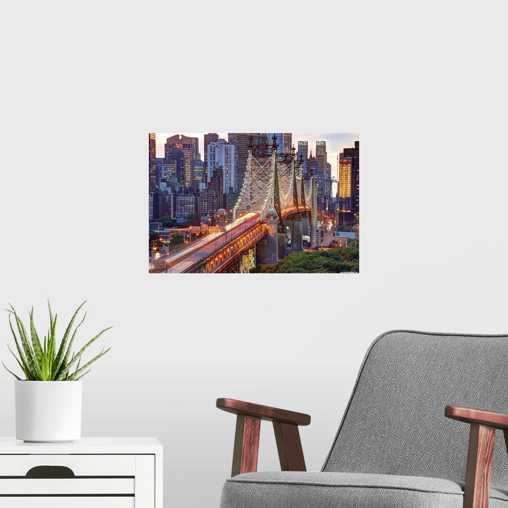 A modern room featuring Traffic flowing on the upper deck of Ed Koch/ Queensboro Bridge, Formerly known as the 59th Stree...
