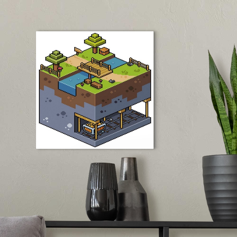 A modern room featuring 8-Bit Isometric Landscape With Bridge And Mine