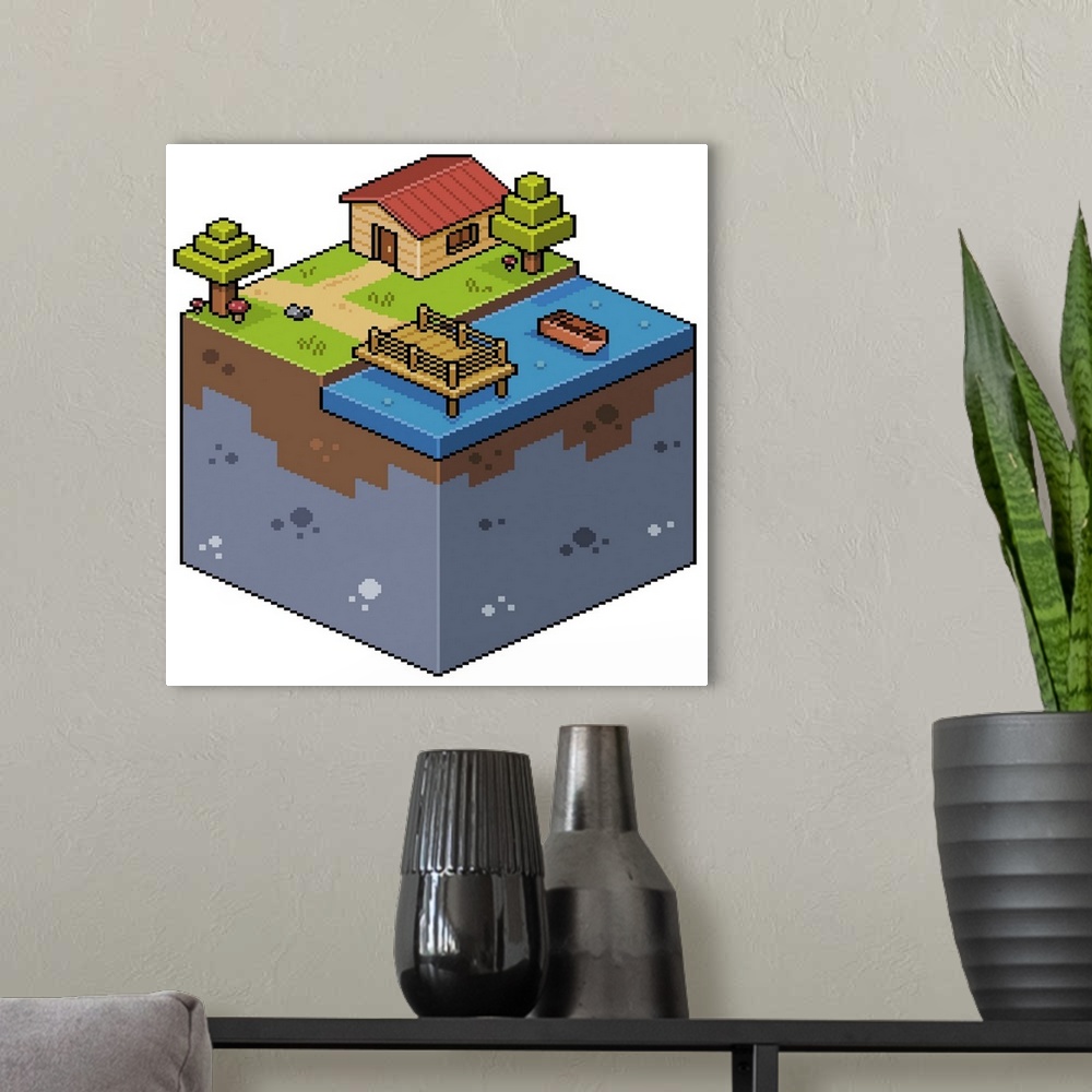A modern room featuring 8-Bit Isometric Landscape With House And Lake