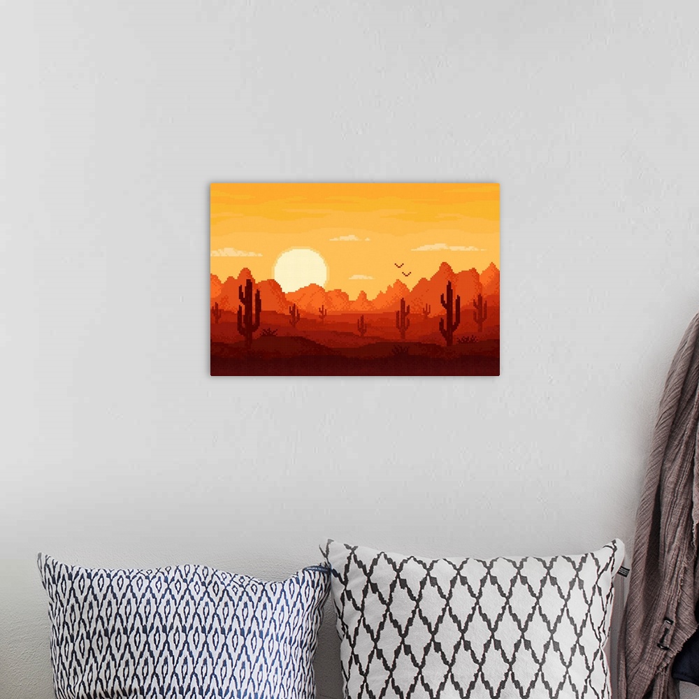 A bohemian room featuring 8-Bit Pixel Desert Landscape With Mountains And Sunset