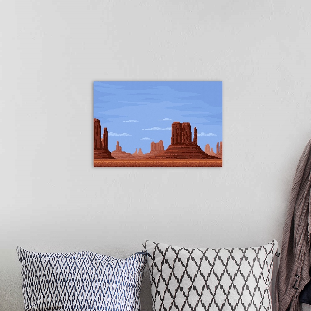A bohemian room featuring 8-Bit Pixel Desert Valley With Canyon Rocks Under Clouds