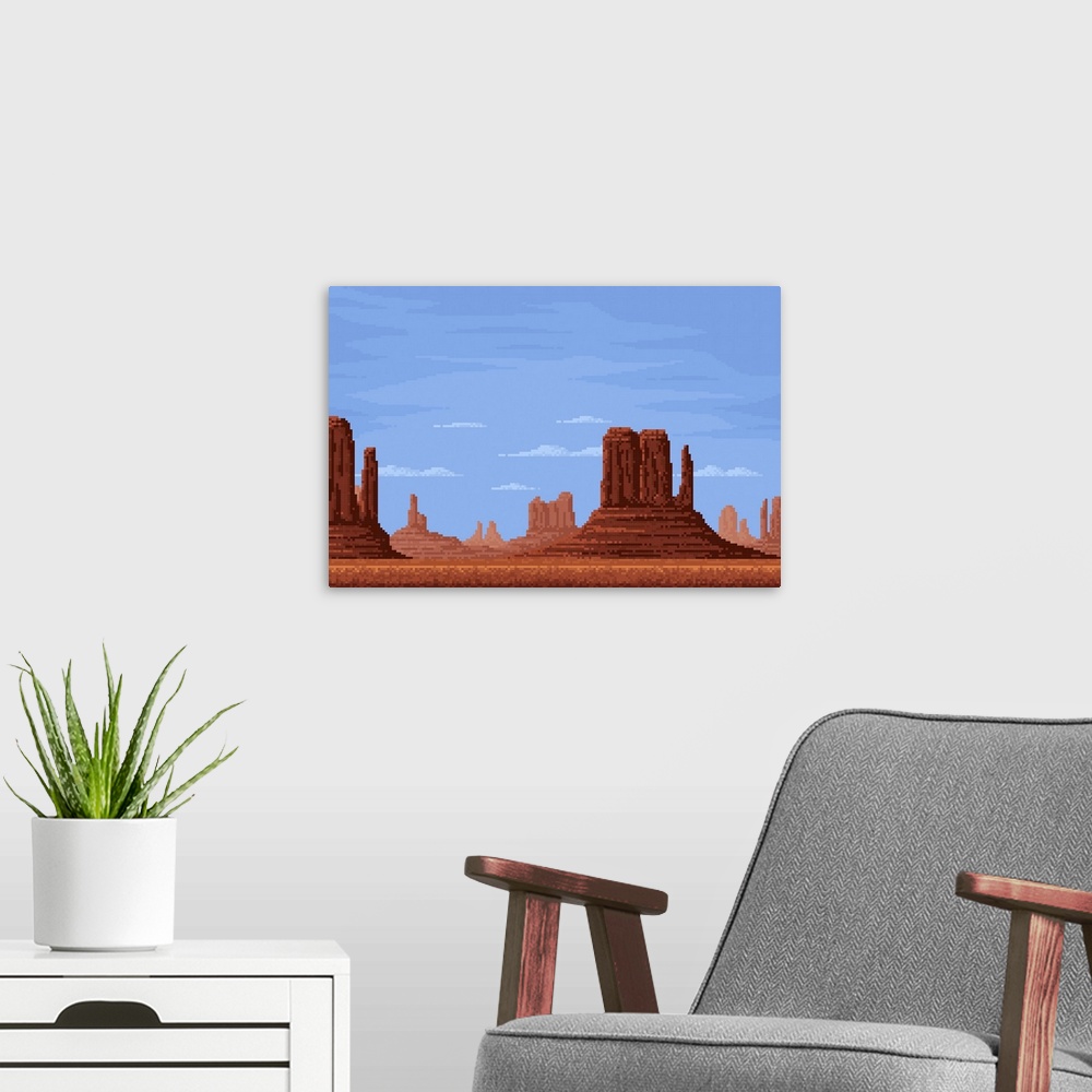 A modern room featuring 8-Bit Pixel Desert Valley With Canyon Rocks Under Clouds