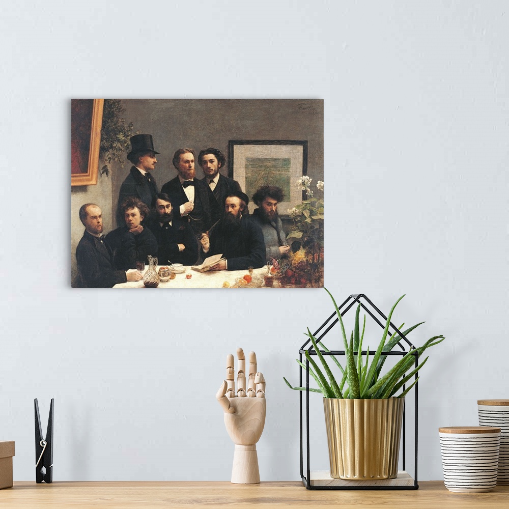 A bohemian room featuring Corner table : Representation of a meeting between, from left to right : Paul Verlaine, Arthur Ri...