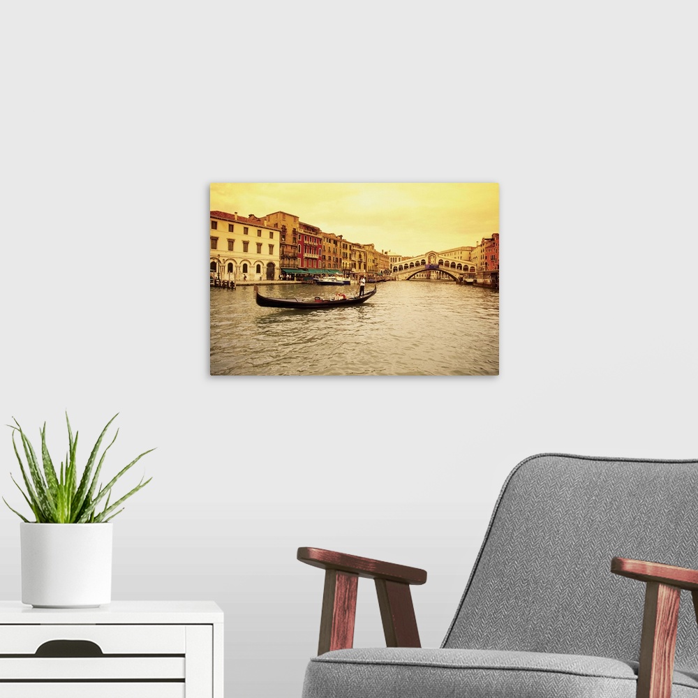 A modern room featuring Gondola in a canal, Rialto Bridge, Venice, Italy