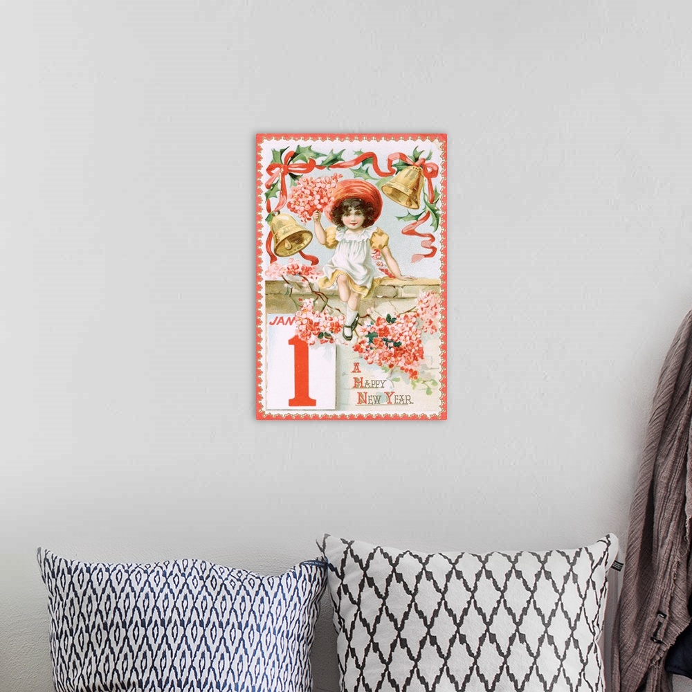 A bohemian room featuring A Happy New Year Postcard With A Little Girl And Bells