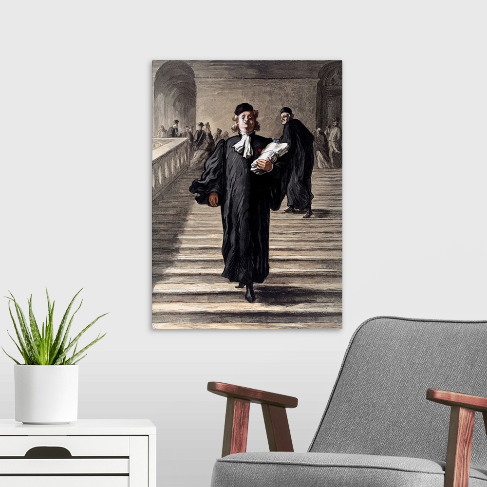 A modern room featuring A lawyer in robe descending the Grand staircase of the Palace of Justice. Lithograph by Honore Da...