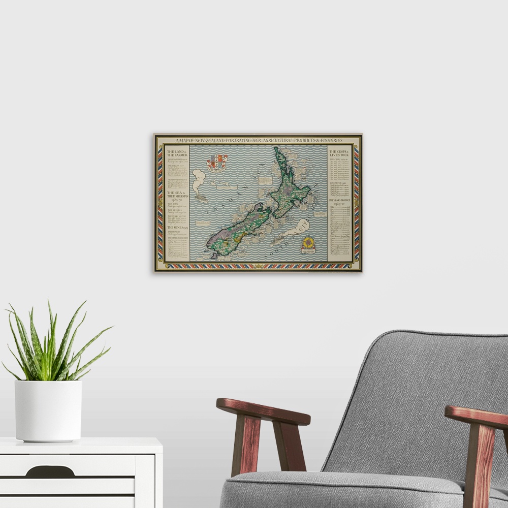 A modern room featuring A Map Of New Zealand Portraying Her Agricultural Products And Fisheries