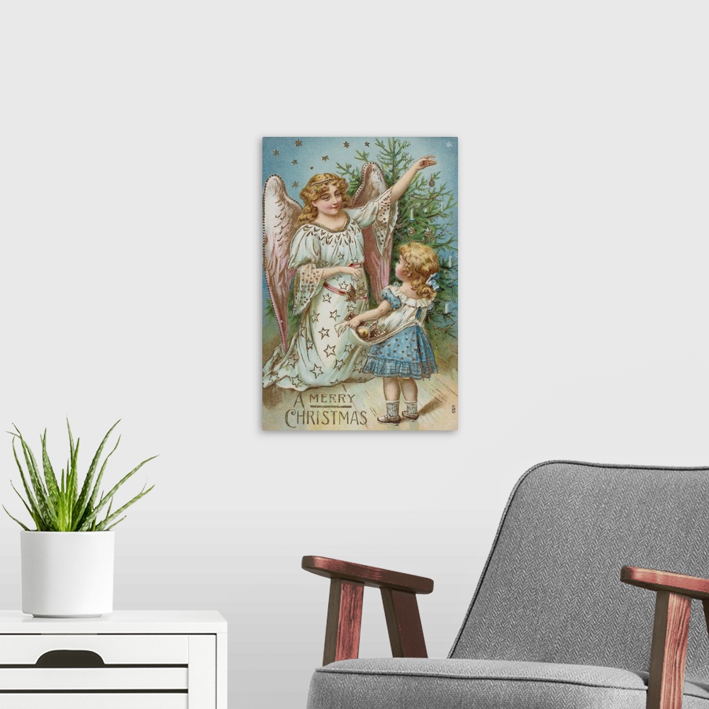 A modern room featuring A Merry Christmas Postcard With An Angel And Little Girl