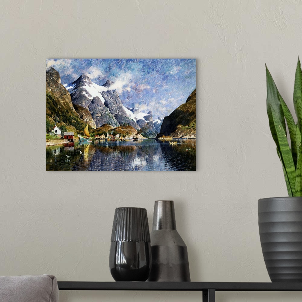 A modern room featuring A Norwegian Fjord Painting By Adelsteen Normann