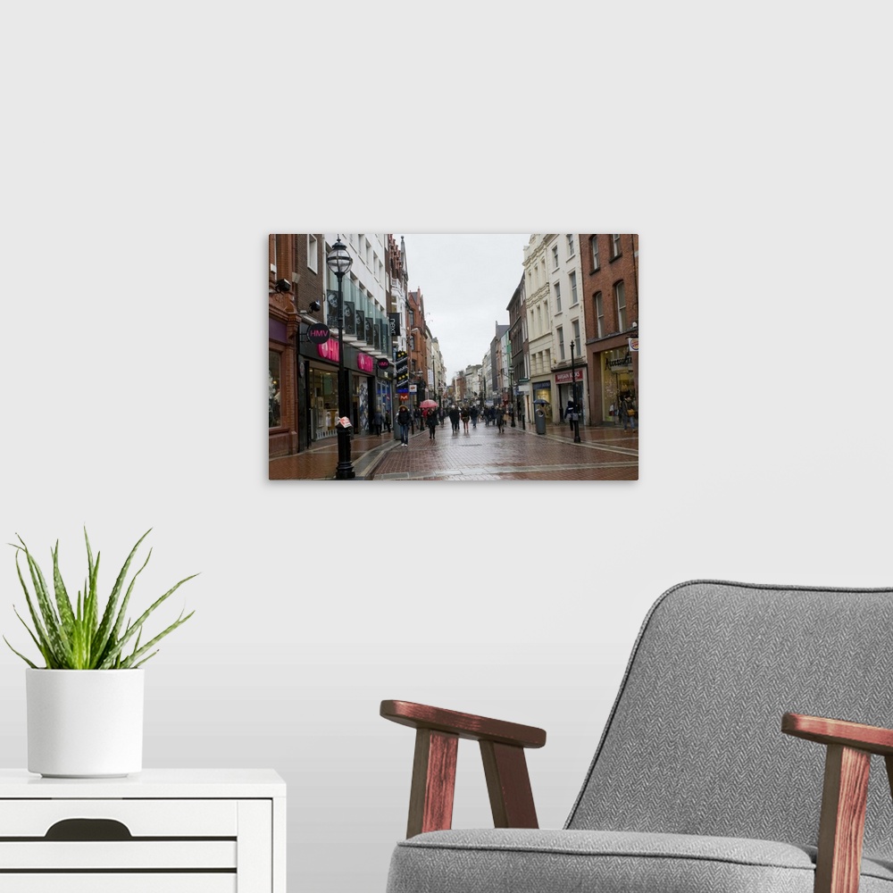 A modern room featuring A rainy day on Grafton Street.