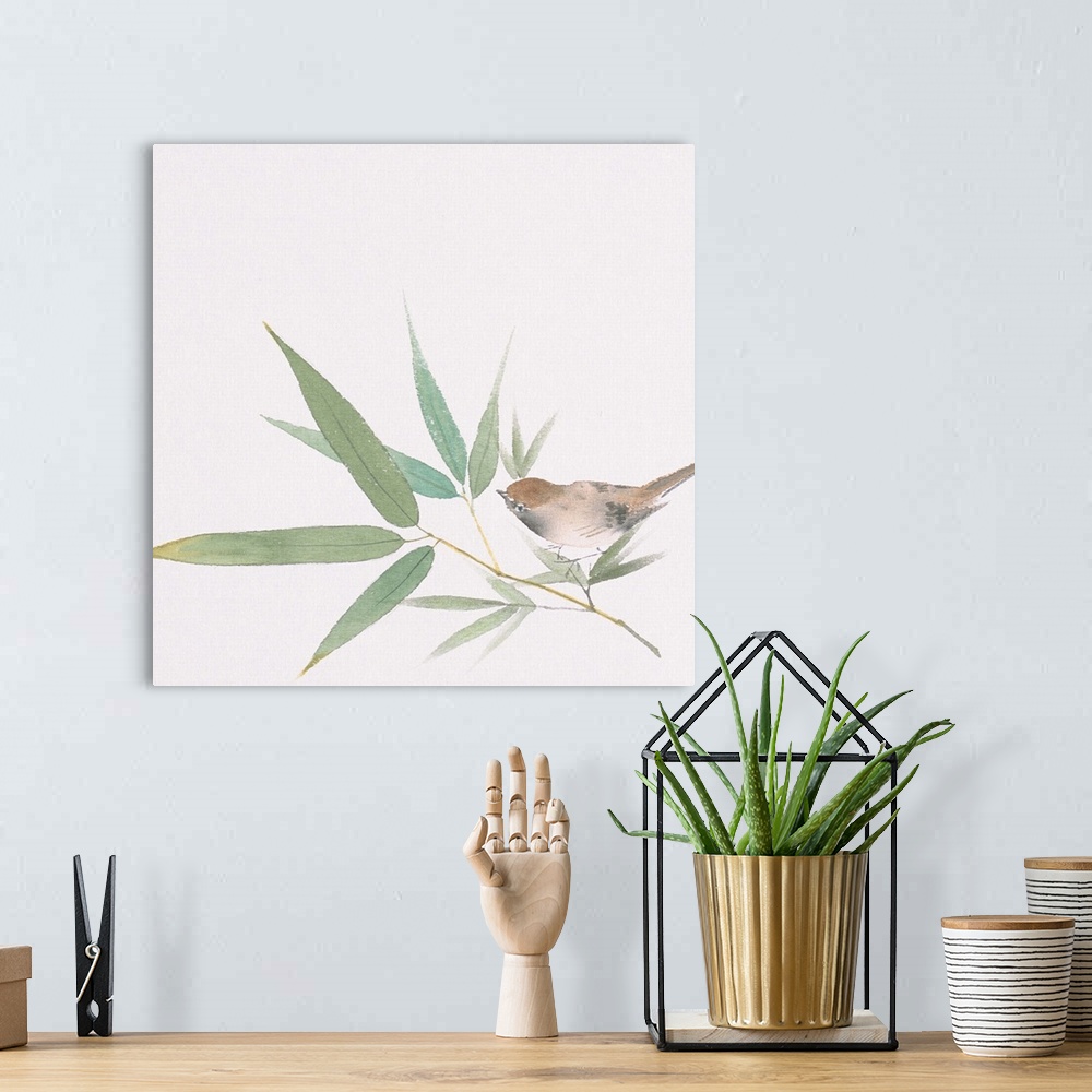 A bohemian room featuring A sparrow and bamboo leaves