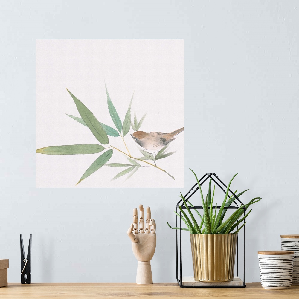A bohemian room featuring A sparrow and bamboo leaves