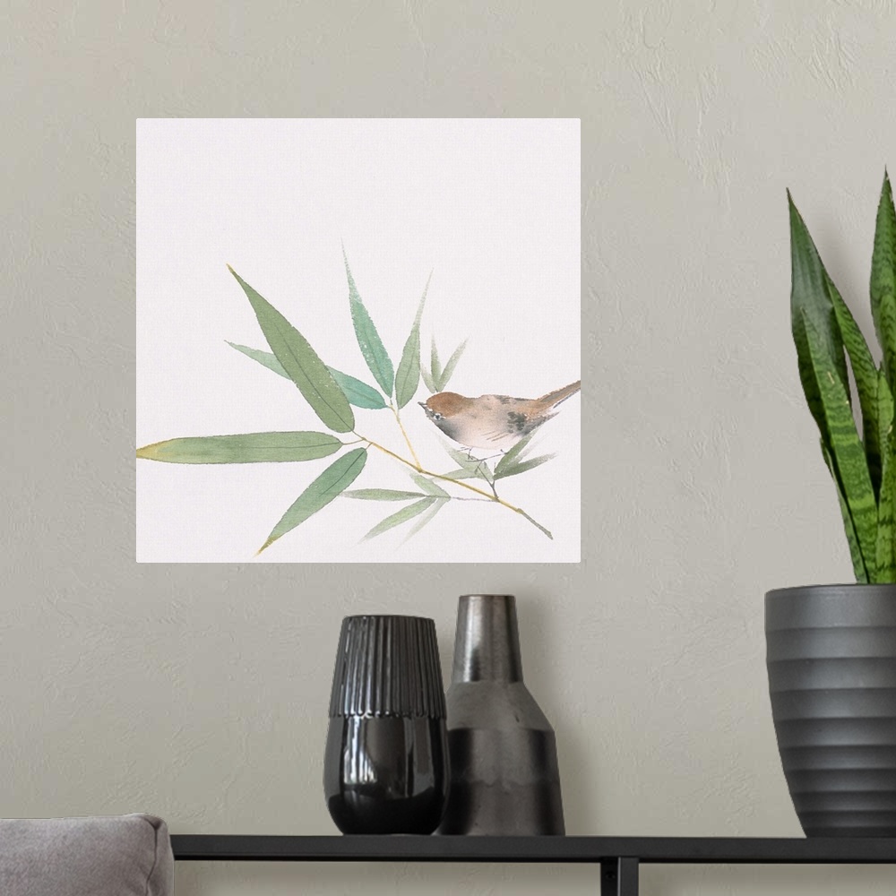 A modern room featuring A sparrow and bamboo leaves