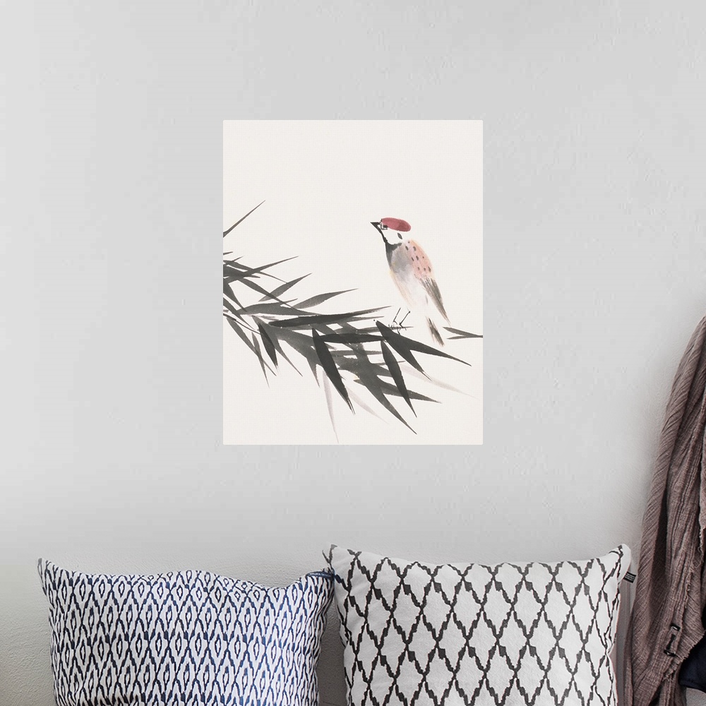 A bohemian room featuring Vertical Asian artwork on a large canvas of a single sparrow perched on a branch of bamboo leaves...