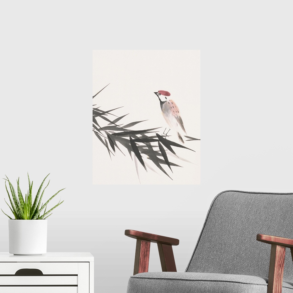 A modern room featuring Vertical Asian artwork on a large canvas of a single sparrow perched on a branch of bamboo leaves...