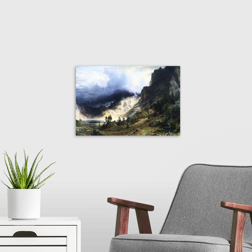 A modern room featuring A Storm In The Rocky Mountains - Mt. Rosalie By Albert Bierstadt