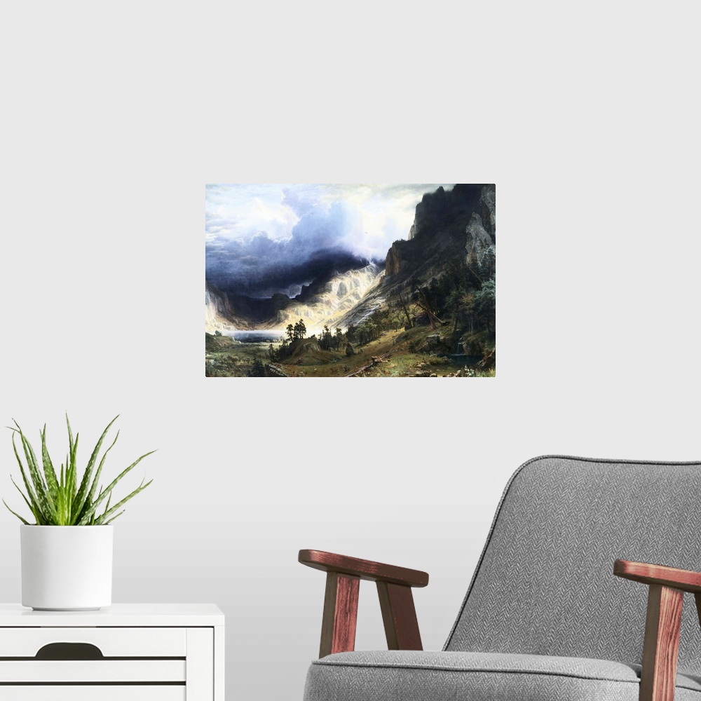 A modern room featuring A Storm In The Rocky Mountains - Mt. Rosalie By Albert Bierstadt