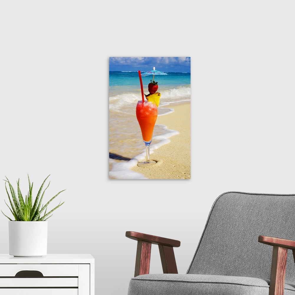 A modern room featuring This vertical tropical ocean theme photos show waves washing up on shore around an elaborate drin...