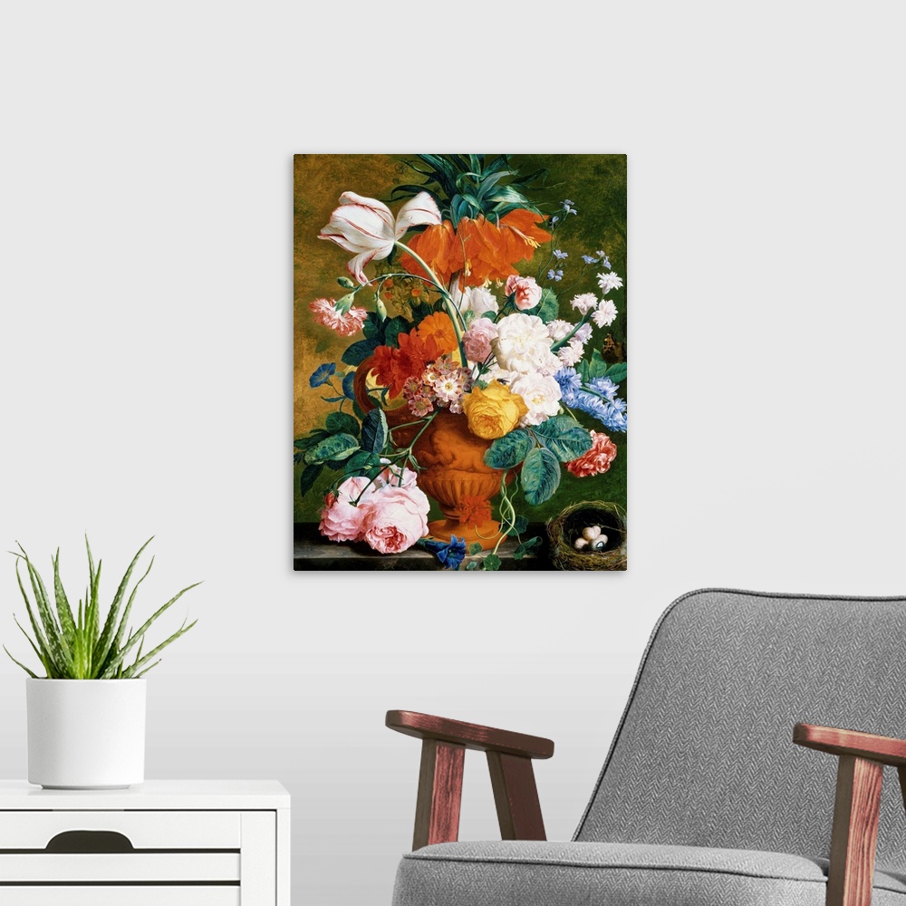 A modern room featuring A Vase Of Rich Summer Flowers By Jan Van Huysum