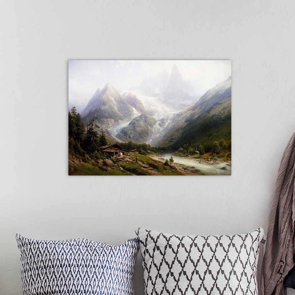 A bohemian room featuring A View Of Chamonix And Mont Blanc By Joseph Jansen