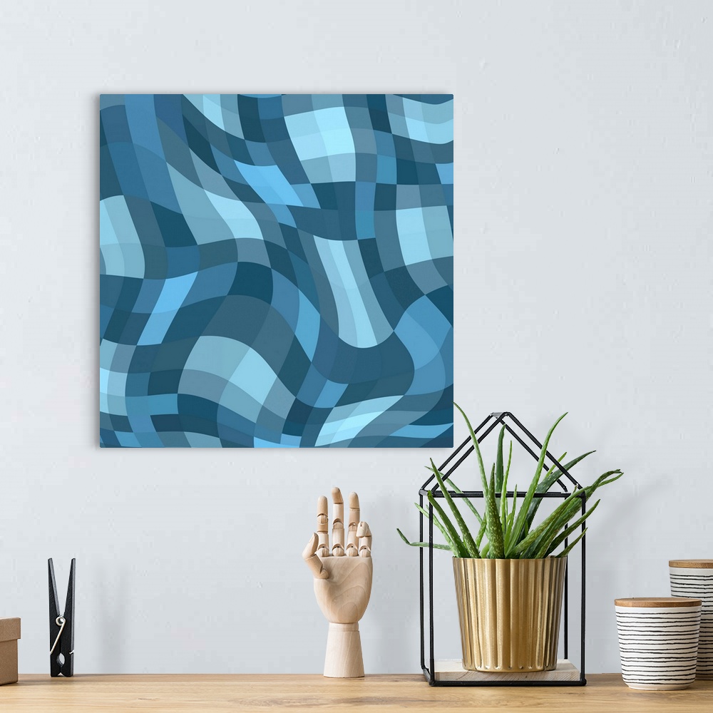 A bohemian room featuring Abstract blue wavy checkered pattern