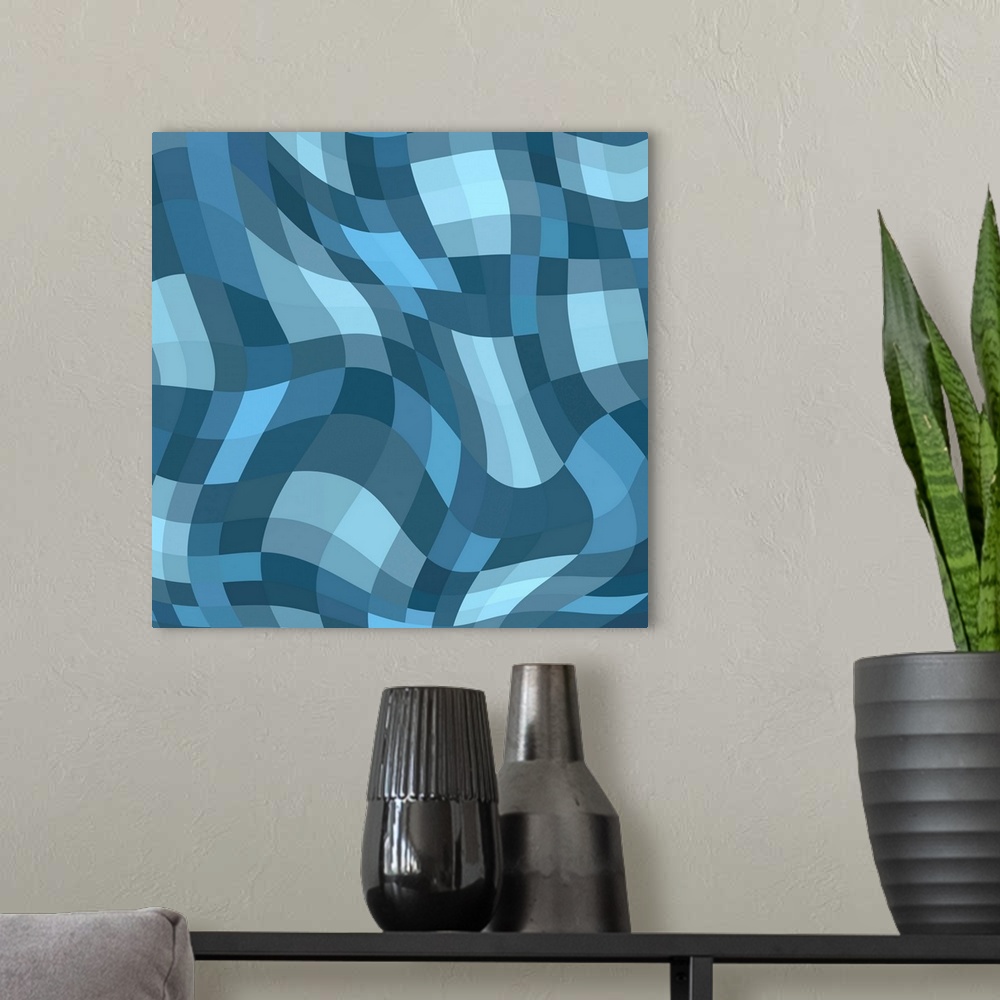 A modern room featuring Abstract blue wavy checkered pattern