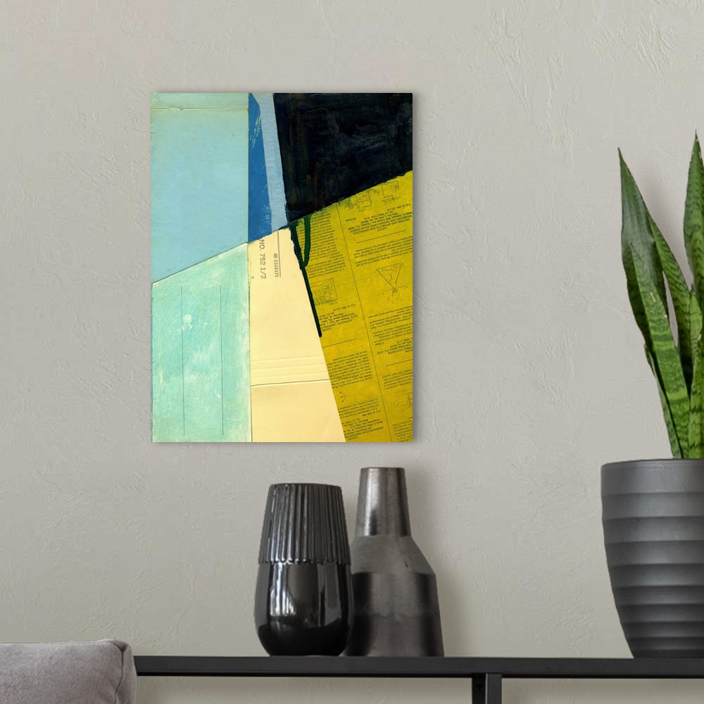 A modern room featuring Abstract cityscape collage using vintage cut paper and oil paint. Colorful blue and yellow geomet...