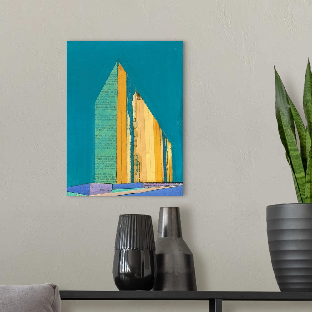 A modern room featuring Abstract cityscape collage using vintage cut paper and oil paint. Colorful teal blue and yellow g...