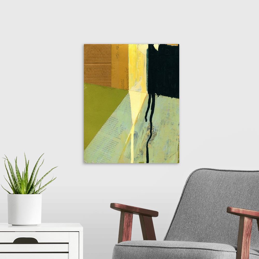 A modern room featuring Abstract cityscape collage using vintage cut paper and oil paint. Diagonal geometric lines and bo...